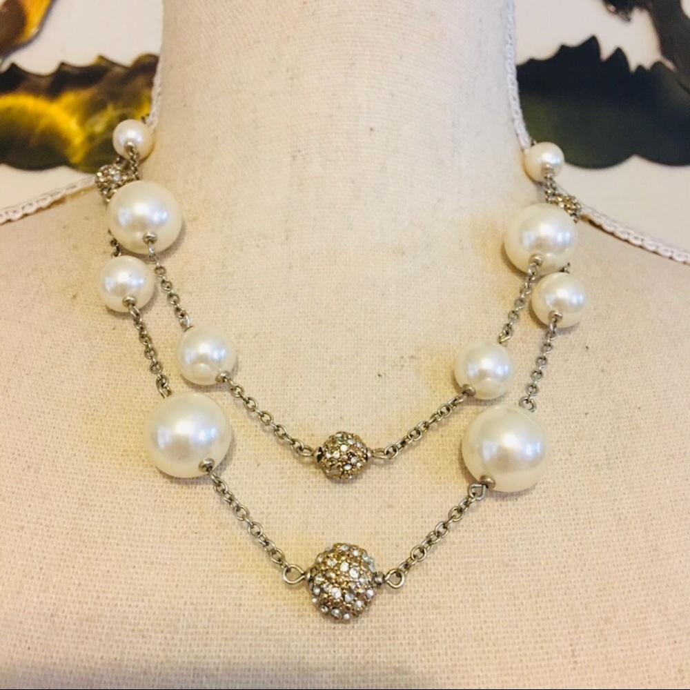 Layered pearl and rhinestone ball necklace